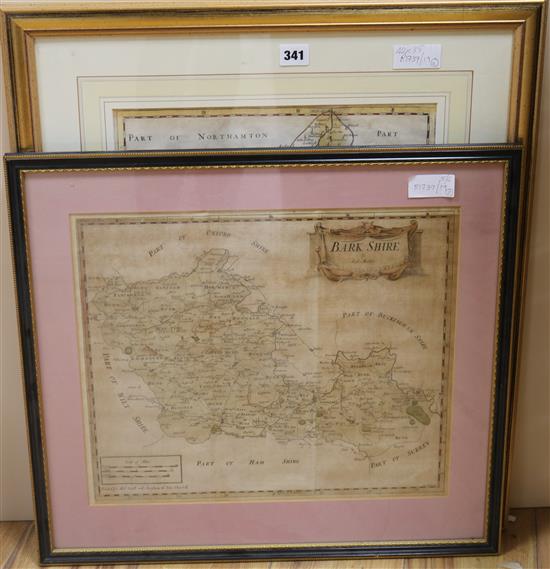Robert Morden, coloured engraving, map of Buckinghamshire, 42 x 35cm and a Morden map of Barkshire, 36 x 43cm